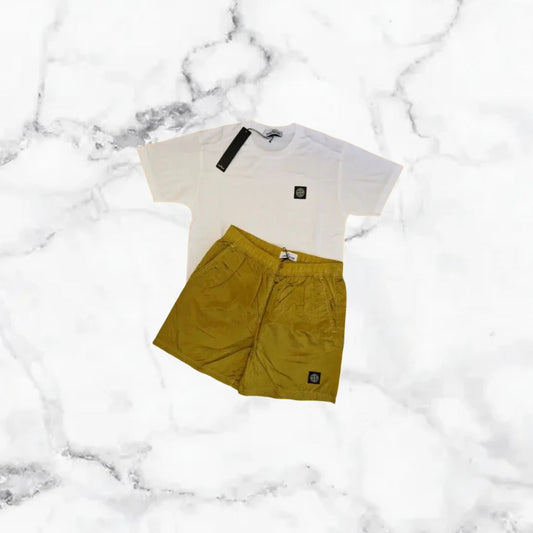 Stone Island | Ensemble T-Shirt/Short - Blanc / Marron